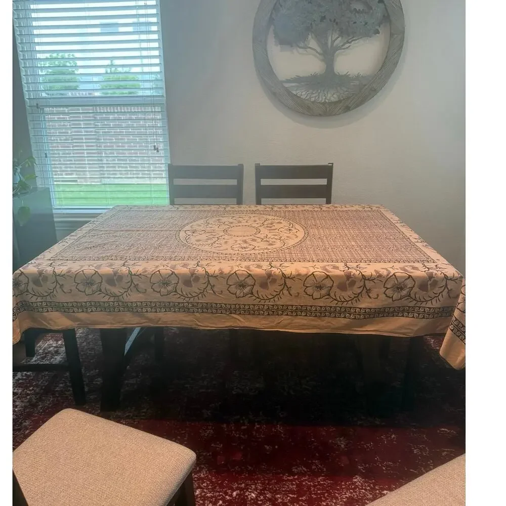 Vintage Floral Cotton Tablecloth 57x76 Farmhouse Cottage French Country Beige
